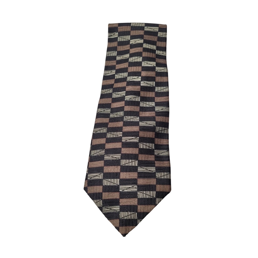 Robert Talbott Studio 100% Silk Necktie Brown Black Beige Checkered Pattern‎